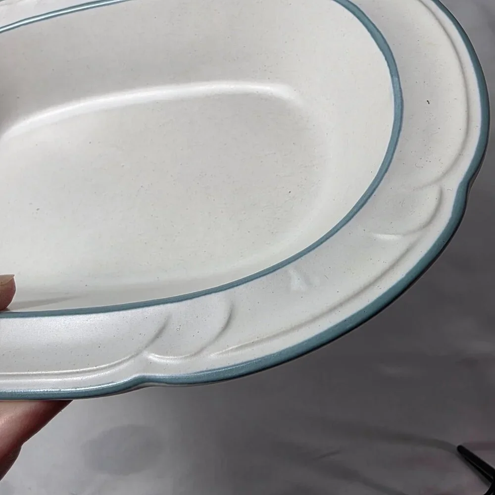 Country Ware Ashberry 10 Inch Oval Serving Bowl White with Blue Scalloped Edge